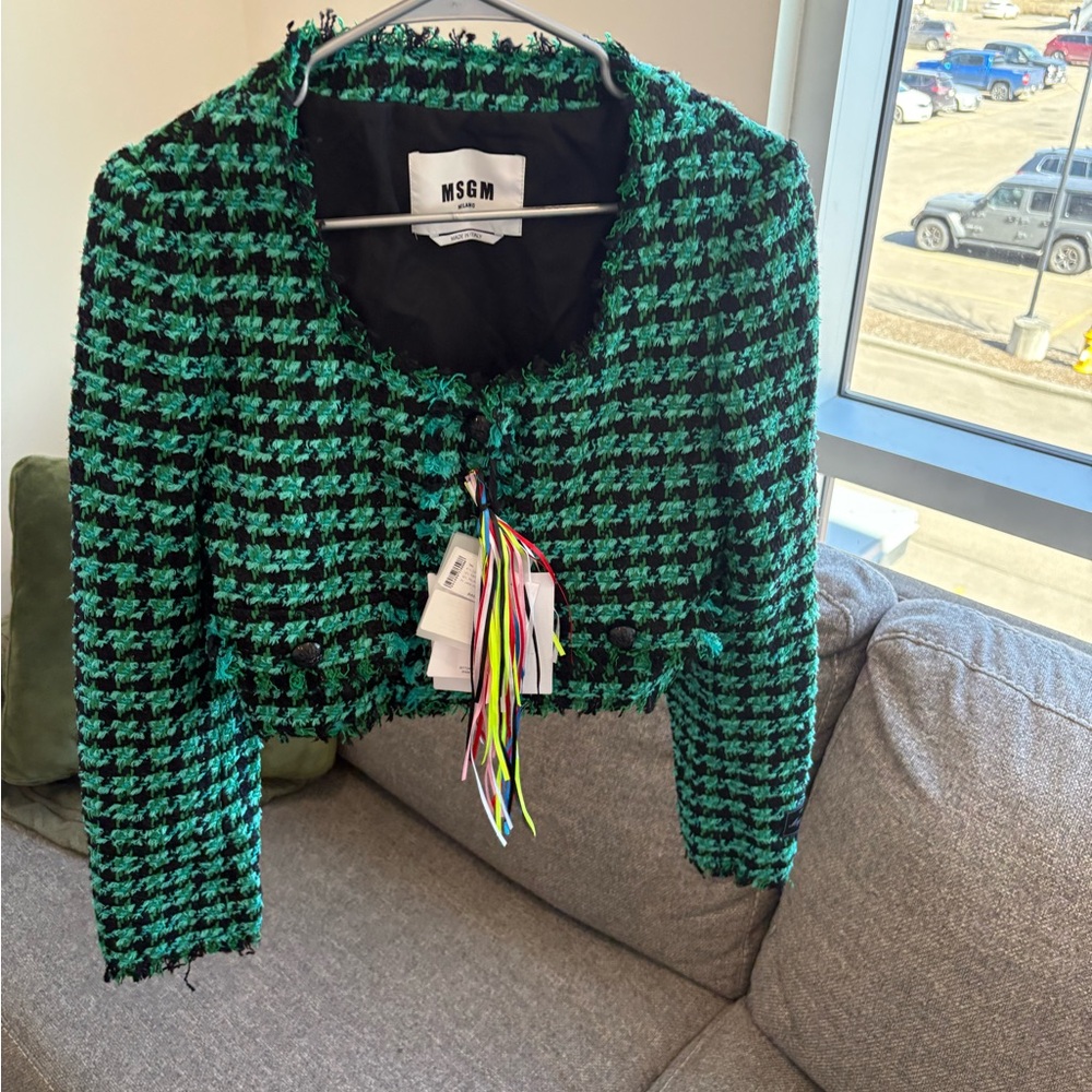 MSGM Women's Green and Black Tweed Blazer